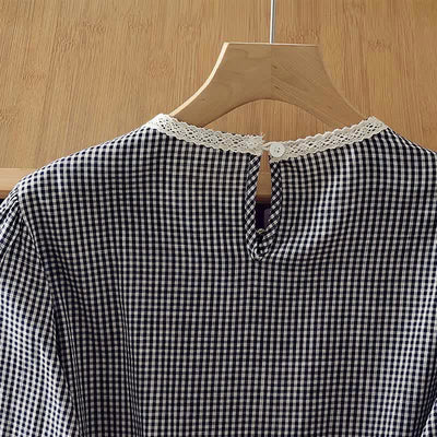 Buddha Stones Spring Fall Vintage Elegant Plaid Lace Trim Women's Long Sleeve T-Shirt - image 4