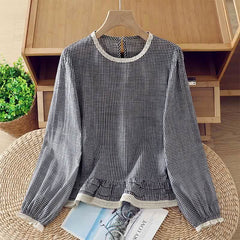 Buddha Stones Spring Fall Vintage Elegant Plaid Lace Trim Women's Long Sleeve T-Shirt - SteelBlue - US8-10, UK/AU12-14, EU40-42 (2XL) - image 0