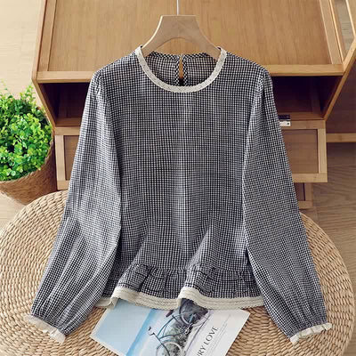 Buddha Stones Spring Fall Vintage Elegant Plaid Lace Trim Women's Long Sleeve T-Shirt - SteelBlue - US8-10, UK/AU12-14, EU40-42 (2XL) - image 0