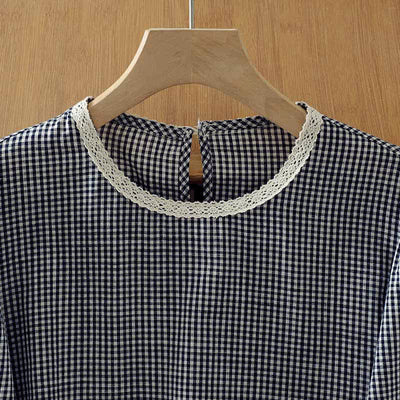 Buddha Stones Spring Fall Vintage Elegant Plaid Lace Trim Women's Long Sleeve T-Shirt - image 3