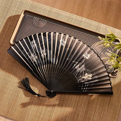 Buddha Stones Lotus Leaves Dragonfly Purity Bamboo Folding Fan 21 cm - image 4