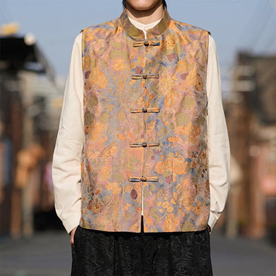 Buddha Stones Spring Summer Fall Tang Style Vintage Mandarin Collar Frog Button Floral Men's Vests With Pockets - BurlyWood - US/UK/AU46，EU56 (5XL) - image 0