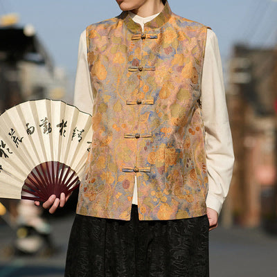 Buddha Stones Spring Summer Fall Tang Style Vintage Mandarin Collar Frog Button Floral Men's Vests With Pockets - image 4