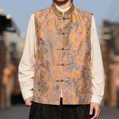 Buddha Stones Spring Summer Fall Tang Style Vintage Mandarin Collar Frog Button Floral Men's Vests With Pockets - image 1