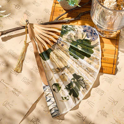 Buddha Stones Elegant Floral Ink Pattern Tassel Chinese Style Bamboo Folding Fan 21 cm - image 3