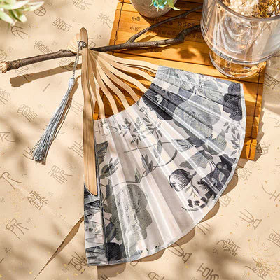 Buddha Stones Elegant Floral Ink Pattern Tassel Chinese Style Bamboo Folding Fan 21 cm - image 10