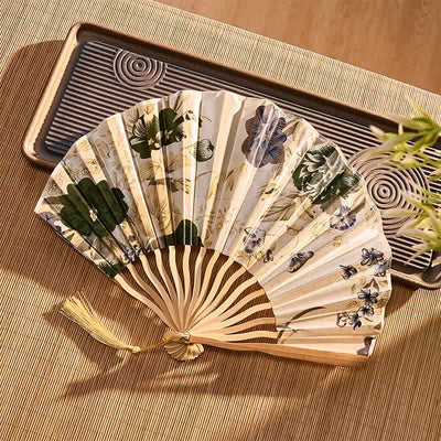 Buddha Stones Elegant Floral Ink Pattern Tassel Chinese Style Bamboo Folding Fan 21 cm - image 4