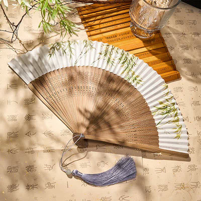 Buddha Stones Bamboo Grove Pattern Oriental Paper Folding Fan 22.5 cm - image 5