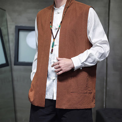 Buddha Stones Spring Summer Fall Tang Style Casual Patch Pocket Solid Cotton Men's Vests With Pocket - image 4