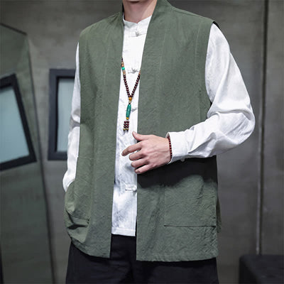 Buddha Stones Spring Summer Fall Tang Style Casual Patch Pocket Solid Cotton Men's Vests With Pocket - image 28