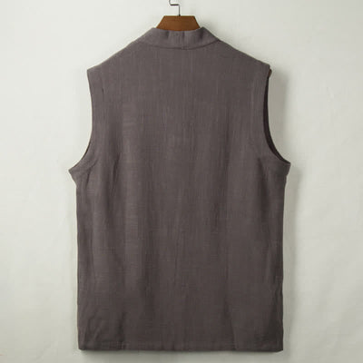Buddha Stones Spring Summer Fall Tang Style Minimalist Frog Button Solid Cotton Linen Men's Vests With Pocket - image 1