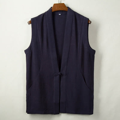 Buddha Stones Spring Summer Fall Tang Style Minimalist Frog Button Solid Cotton Linen Men's Vests With Pocket - MidnightBlue - US/UK/AU44，EU54 (4XL) - image 4