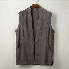 Buddha Stones Spring Summer Fall Tang Style Minimalist Frog Button Solid Cotton Linen Men's Vests With Pocket - DimGray - US/UK/AU44，EU54 (4XL) - image 0