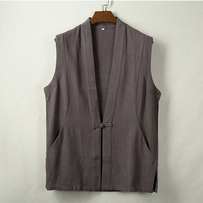 Buddha Stones Spring Summer Fall Tang Style Minimalist Frog Button Solid Cotton Linen Men's Vests With Pocket - DimGray - US/UK/AU44，EU54 (4XL) - image 0