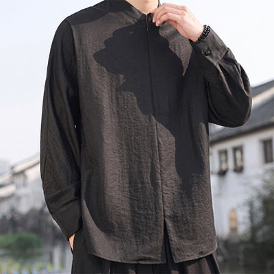 Buddha Stones Spring Summer Casual Minimalist Tang Style Mandarin Collar Solid Men's Long Sleeve Shirts - image 12