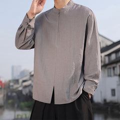 Buddha Stones Spring Summer Casual Minimalist Tang Style Mandarin Collar Solid Men's Long Sleeve Shirts - DarkGray - US/UK/AU46，EU56 (5XL) - image 0