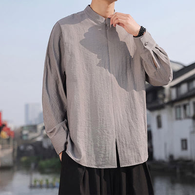 Buddha Stones Spring Summer Casual Minimalist Tang Style Mandarin Collar Solid Men's Long Sleeve Shirts - image 2