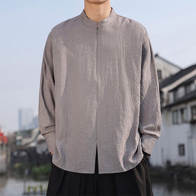 Buddha Stones Spring Summer Casual Minimalist Tang Style Mandarin Collar Solid Men's Long Sleeve Shirts - image 1