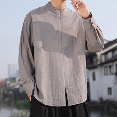 Buddha Stones Spring Summer Casual Minimalist Tang Style Mandarin Collar Solid Men's Long Sleeve Shirts - image 5