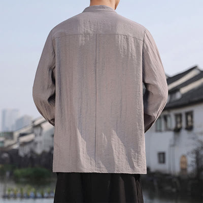 Buddha Stones Spring Summer Casual Minimalist Tang Style Mandarin Collar Solid Men's Long Sleeve Shirts - image 7
