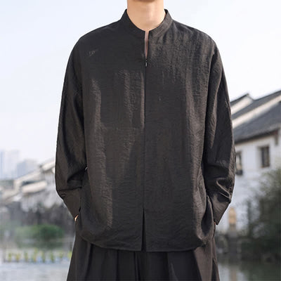 Buddha Stones Spring Summer Casual Minimalist Tang Style Mandarin Collar Solid Men's Long Sleeve Shirts - Black - US/UK/AU46，EU56 (5XL) - image 10