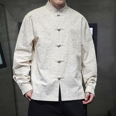 Buddha Stones Fall Tang Style Vintage Frog Button Floral Men's Long Sleeve Shirts - image 2