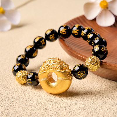 Buddha Stones Black Obsidian Pi Xiu Peace Buckle Om Mani Padme Hum Wealth Bracelet - image 3