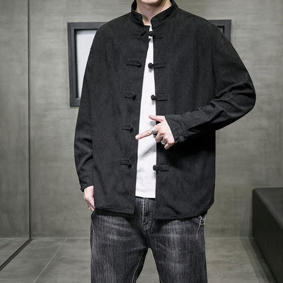 Buddha Stones Fall Winter Casual Tang Style Frog Button Solid Cotton Men's Jacket - image 22