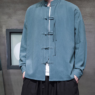 Buddha Stones Fall Winter Tang Style Vintage Frog Button Solid Cotton Linen Men's Jacket - image 7