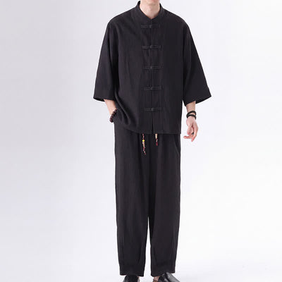 Buddha Stones 2Pcs Spring Tang Style Three-Quarter Sleeve Frog Button Solid Shirt Pants Men's Meditation Cloth With Pocket - image 1