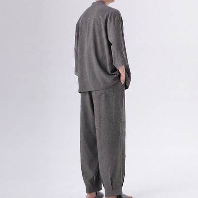 Buddha Stones 2Pcs Spring Tang Style Three-Quarter Sleeve Frog Button Solid Shirt Pants Men's Meditation Cloth With Pocket - image 10