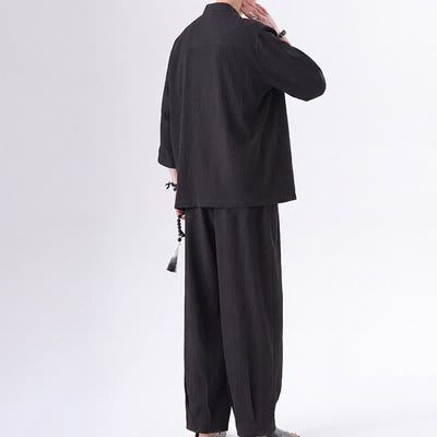 Buddha Stones 2Pcs Spring Tang Style Three-Quarter Sleeve Frog Button Solid Shirt Pants Men's Meditation Cloth With Pocket - image 2