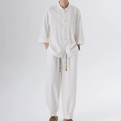 Buddha Stones 2Pcs Spring Tang Style Three-Quarter Sleeve Frog Button Solid Shirt Pants Men's Meditation Cloth With Pocket - image 13