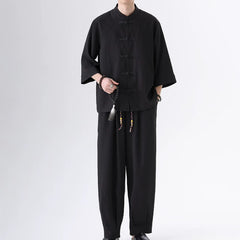Buddha Stones 2Pcs Spring Tang Style Three-Quarter Sleeve Frog Button Solid Shirt Pants Men's Meditation Cloth With Pocket - Black - US/UK/AU46，EU56 (5XL) - image 0