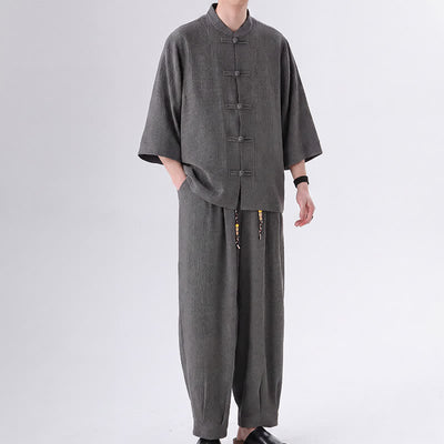 Buddha Stones 2Pcs Spring Tang Style Three-Quarter Sleeve Frog Button Solid Shirt Pants Men's Meditation Cloth With Pocket - DimGray - US/UK/AU46，EU56 (5XL) - image 9