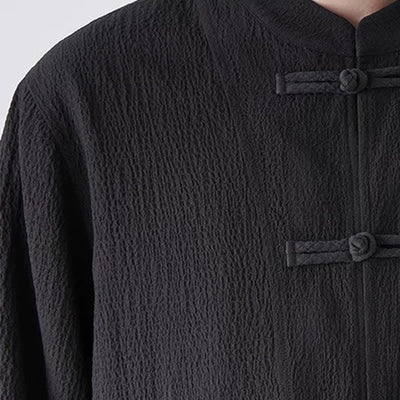 Buddha Stones 2Pcs Spring Tang Style Three-Quarter Sleeve Frog Button Solid Shirt Pants Men's Meditation Cloth With Pocket - image 3