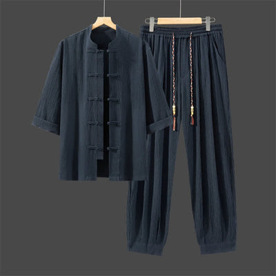 Buddha Stones 2Pcs Spring Tang Style Three-Quarter Sleeve Frog Button Solid Shirt Pants Men's Meditation Cloth With Pocket - MidnightBlue - US/UK/AU46，EU56 (5XL) - image 16