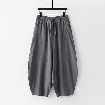 Buddha Stones 2Pcs Spring Summer Minimalist Drawstring Solid Elbow-Length Sleeve Shirt Pants Cotton Men's Meditation Cloth With Pocket - image 3