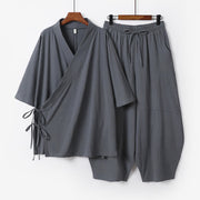 Foviel 2Pcs Spring Summer Minimalist Drawstring Solid Elbow-Length Sleeve Shirt Pants Cotton Men's Meditation Cloth With Pocket