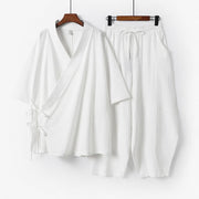 Foviel 2Pcs Spring Summer Minimalist Drawstring Solid Elbow-Length Sleeve Shirt Pants Cotton Men's Meditation Cloth With Pocket