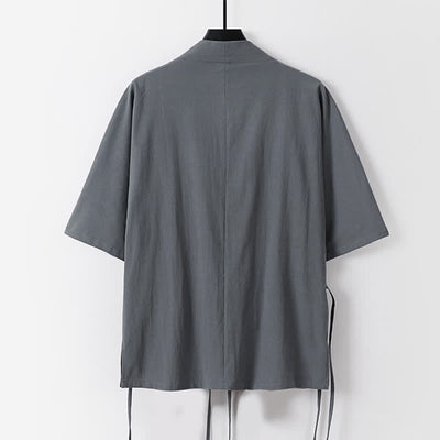 Buddha Stones 2Pcs Spring Summer Minimalist Drawstring Solid Elbow-Length Sleeve Shirt Pants Cotton Men's Meditation Cloth With Pocket - image 2