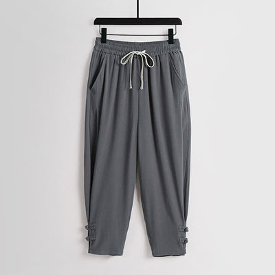 Buddha Stones 2Pcs Spring Fall Casual Drawstring Solid Ramie Long Sleeve Shirt Pants Men's Meditation Cloth With Pockets - image 4