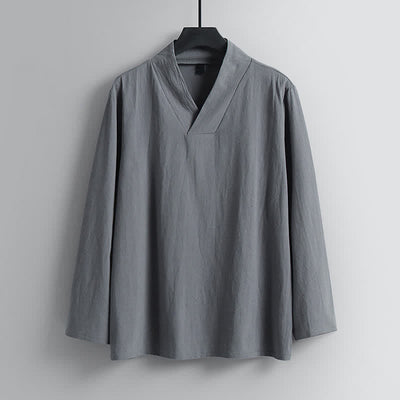 Buddha Stones 2Pcs Spring Fall Casual Drawstring Solid Ramie Long Sleeve Shirt Pants Men's Meditation Cloth With Pockets - image 3
