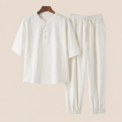 Buddha Stones 2Pcs Spring Summer Tang Style Mandarin Collar Elbow-Length Sleeve Solid Shirt Pants Cotton Men's Meditation Cloth With Pockets - White - US/UK/AU44，EU54 (4XL) - image 20
