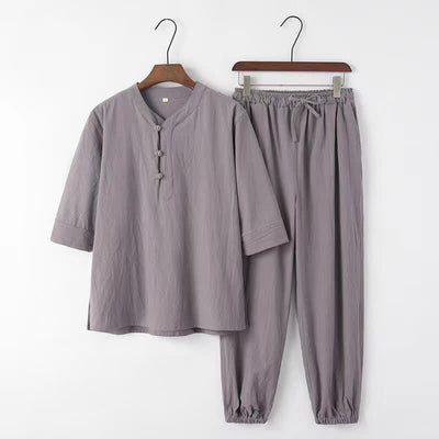 Buddha Stones 2Pcs Spring Summer Tang Style Mandarin Collar Elbow-Length Sleeve Solid Shirt Pants Cotton Men's Meditation Cloth With Pockets - Gray - US/UK/AU44，EU54 (4XL) - image 0