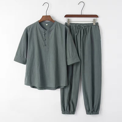 Buddha Stones 2Pcs Spring Summer Tang Style Mandarin Collar Elbow-Length Sleeve Solid Shirt Pants Cotton Men's Meditation Cloth With Pockets - CadetBlue - US/UK/AU44，EU54 (4XL) - image 2