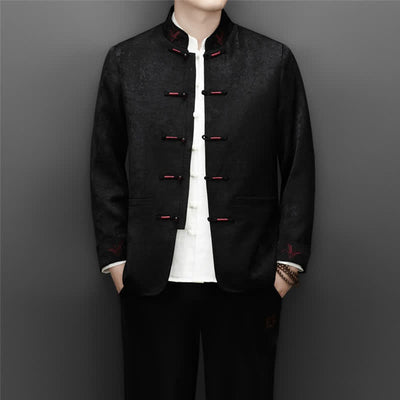 Buddha Stones 2Pcs Fall Winter Tang Style Elegant Frog Button Mandarin Collar Abstract Jacket Pants Men's Meditation Cloth With Pocket - image 20