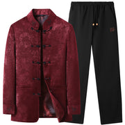 Foviel 2Pcs Fall Winter Tang Style Elegant Frog Button Mandarin Collar Abstract Jacket Pants Men's Meditation Cloth With Pocket