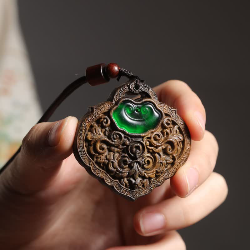Buddha Stones Hand-Carved Sappanwood Green Agate Luck Lock of Good Wishes Necklace - Lock of Good Wishes - image 0
