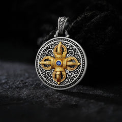 Buddha Stones Tibetan Copper Crossed Vajra Om Mani Padme Hum Wisdom Grounding Round Pendant Necklace - Vajra Om Mani Padme Hum - image 0